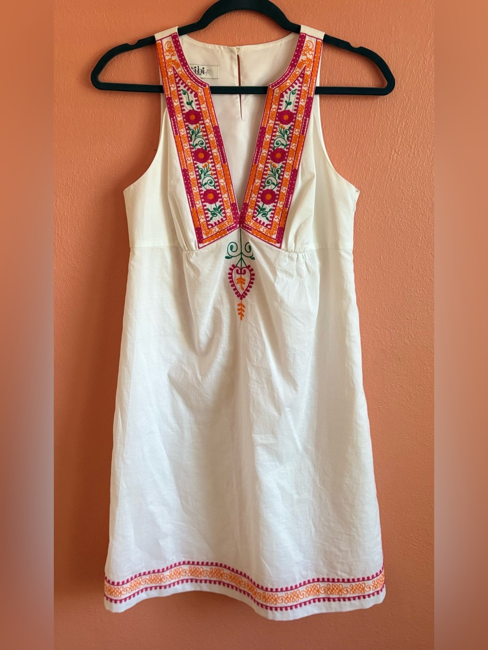 Tibi Sleeveless Embroidered V-Neck Dress with Pink & Orange Accents
